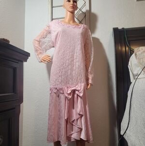 Vintage HHR Elegant Pink Lace Dress Drop Waist with Bow Size 14